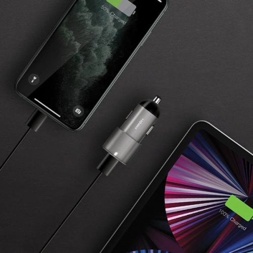 Ładowarka samochodowa ENERGEA Alu Drive D60 2xUSB-C, PD, PPS, 66W stalowy/gunmetal