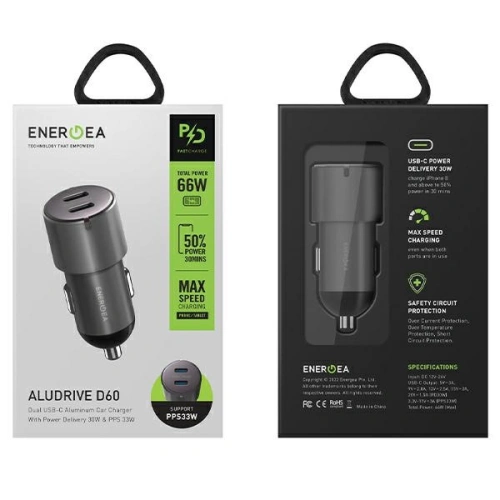 Ładowarka samochodowa ENERGEA Alu Drive D60 2xUSB-C, PD, PPS, 66W stalowy/gunmetal