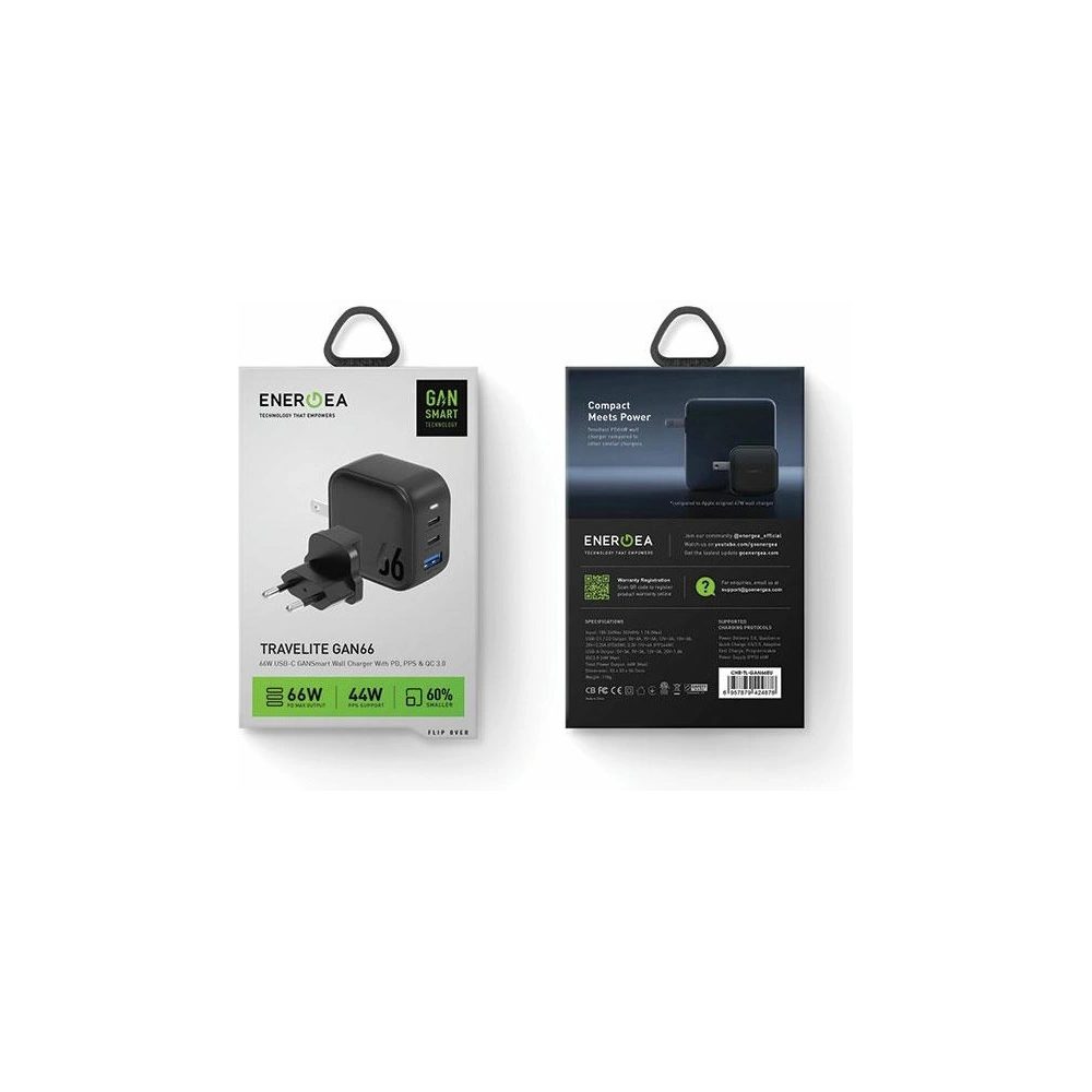 Hurtownia GSM - Încărcător de rețea ENERGEA US+EU Travelite GAN66 USB-A, 2xUSB-C, PD, PPS, QC 3.0, 66W negru/black - ENG112 - {ean13} - Hurt