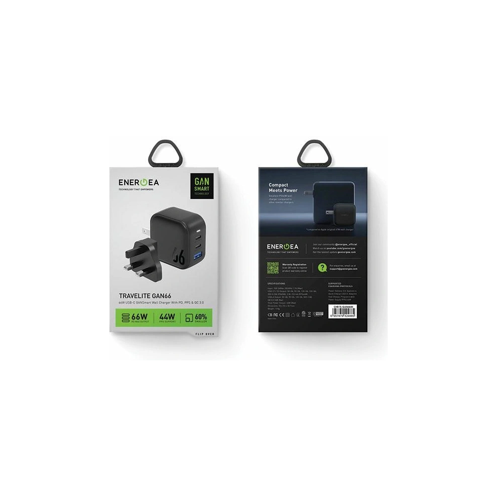 Hurtownia GSM - ENERGEA US+EU Travelite GAN66 USB-A, 2xUSB-C, PD, PPS, QC 3.0, 66W fekete hálózati töltő - ENG112 - {ean13} - Hurt