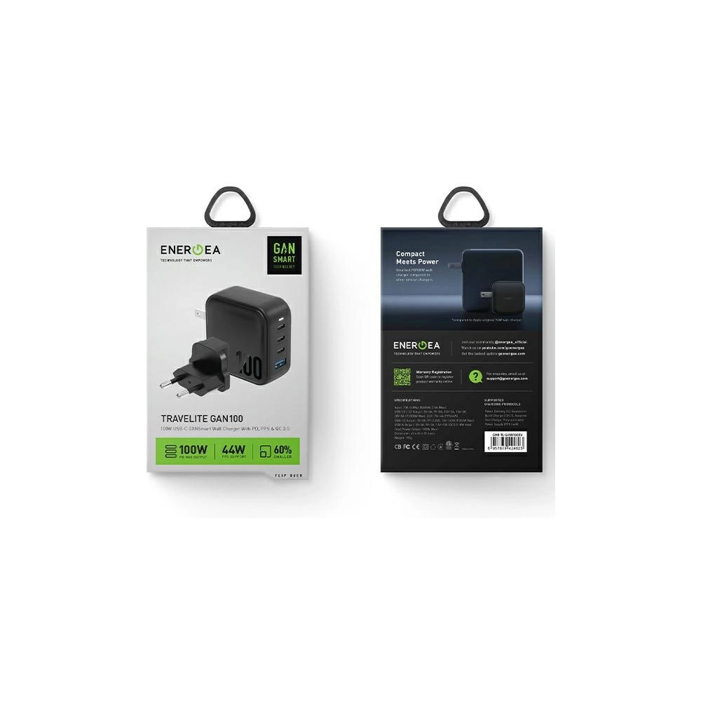 Hurtownia GSM - ENERGEA US+EU Travelite GAN100 USB-A hálózati töltő, 3xUSB-C, PD, PPS, QC 3.0, 100W fekete - ENG113 - {ean13} - Hurt