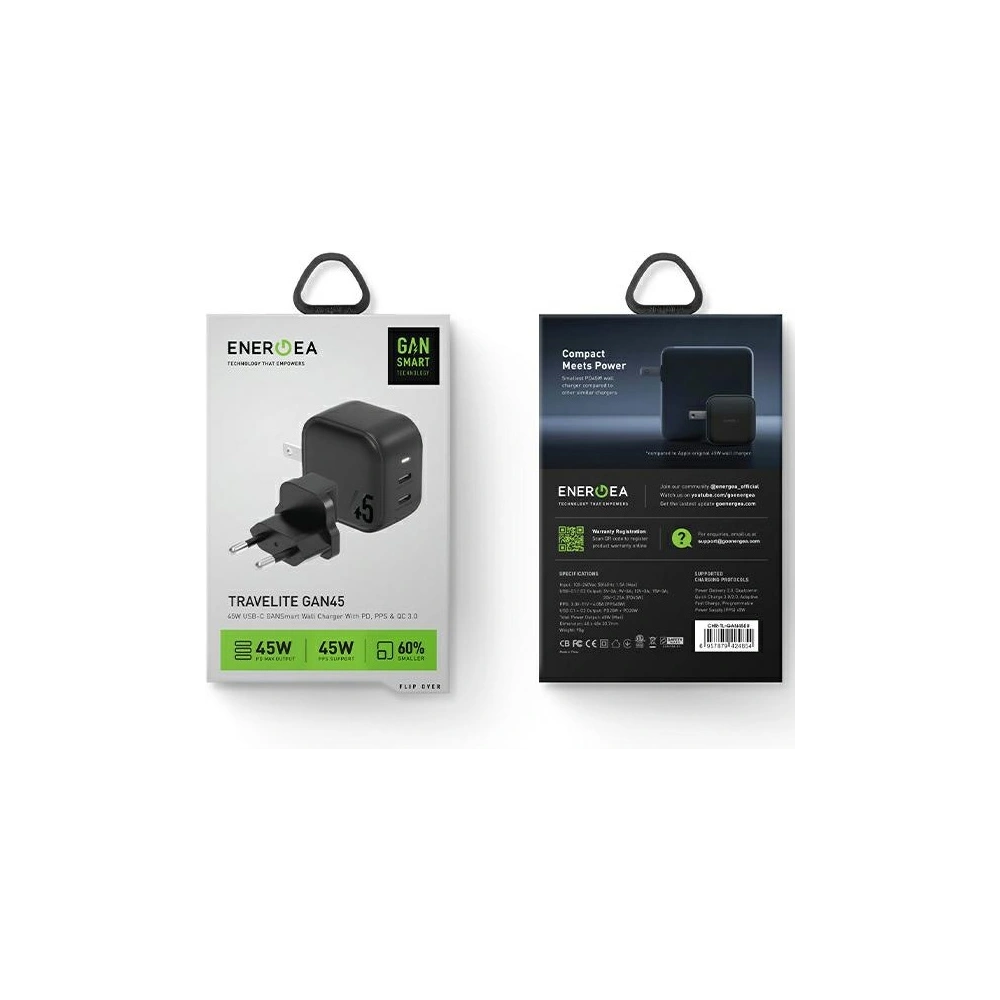Hurtownia GSM - Încărcător de rețea ENERGEA US+EU Travelite GAN45 2xUSB-C, PD, PPS, 45W negru/black - ENG114 - {ean13} - Hurt