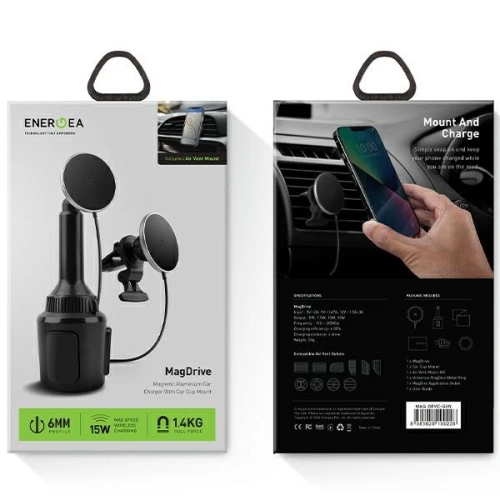 Uchwyt samochodowy z ładowarką indukcyjną ENERGEA MagDrive z uchwytem na kubek do kratki nawiewu czarny/black MagSafe