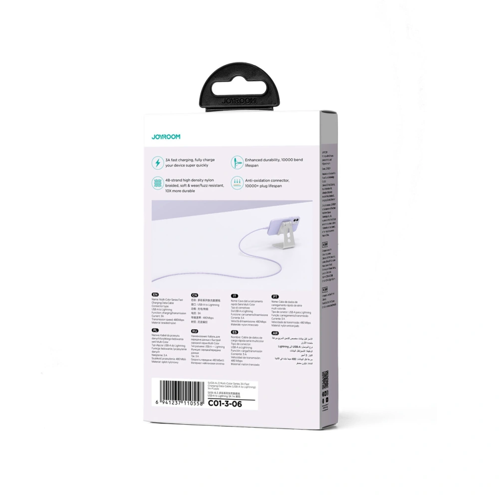Hurtownia GSM - Cablul Joyroom Multi-Color Series SA34-AL3 USB-A / Lightning 3A 1m violet - JYR788 - {ean13} - Hurt