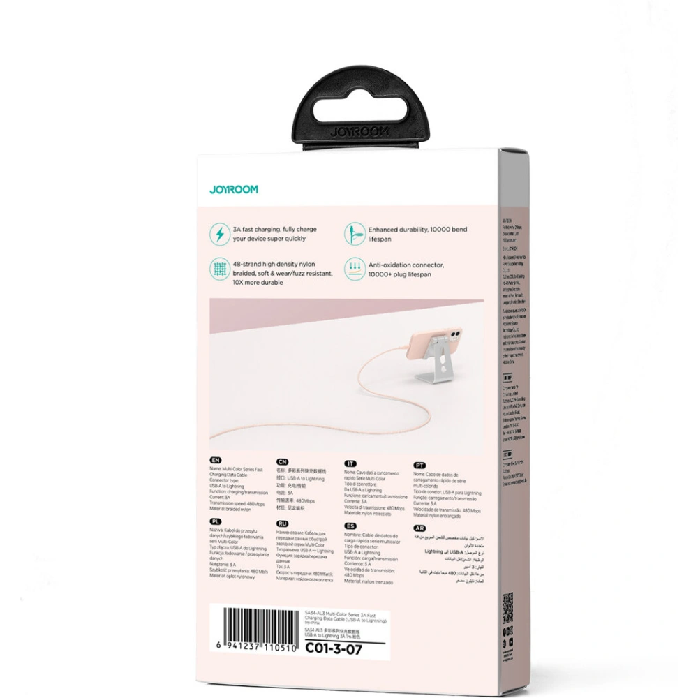 Hurtownia GSM - Cablul Joyroom Multi-Color Series SA34-AL3 USB-A / Lightning 3A 1m roz roz - JYR792 - {ean13} - Hurt
