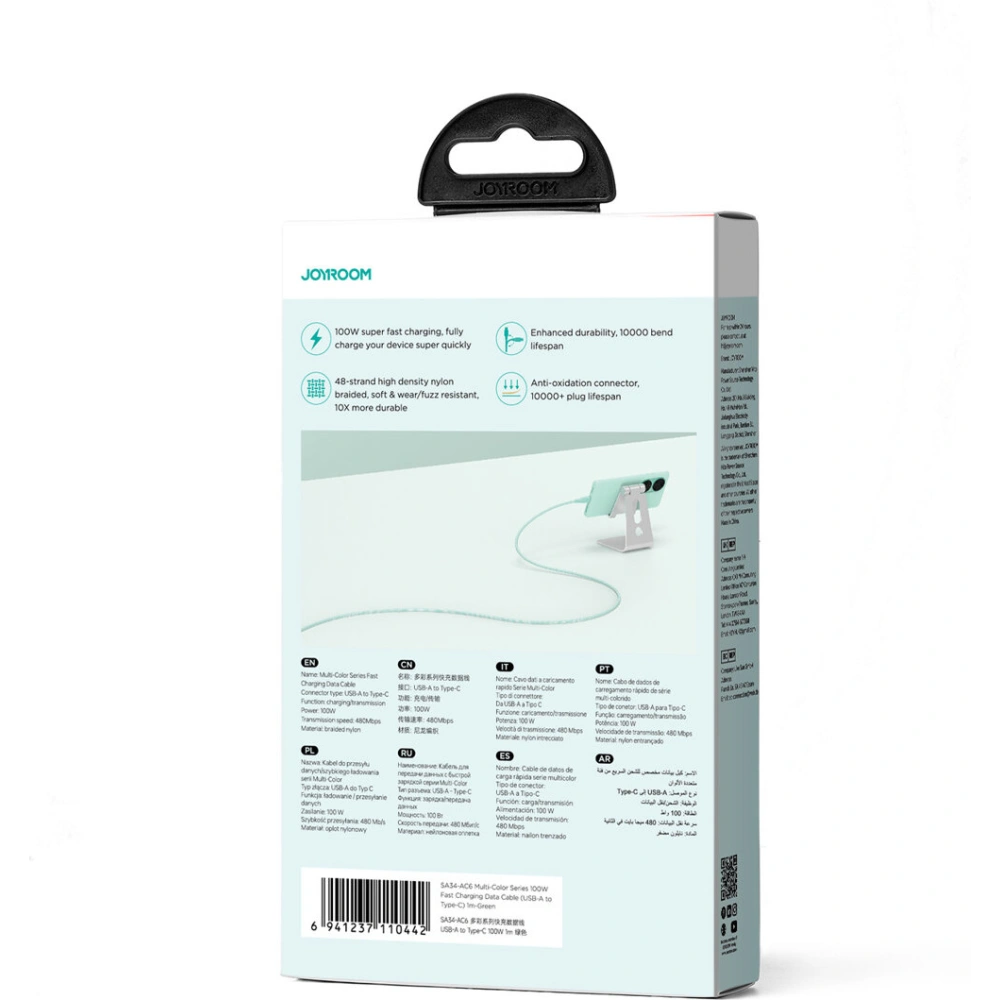 Hurtownia GSM - Cablul Joyroom Multi-Color Series SA34-AC6 USB-A / USB-C 100W 1m verde - JYR794 - {ean13} - Hurt