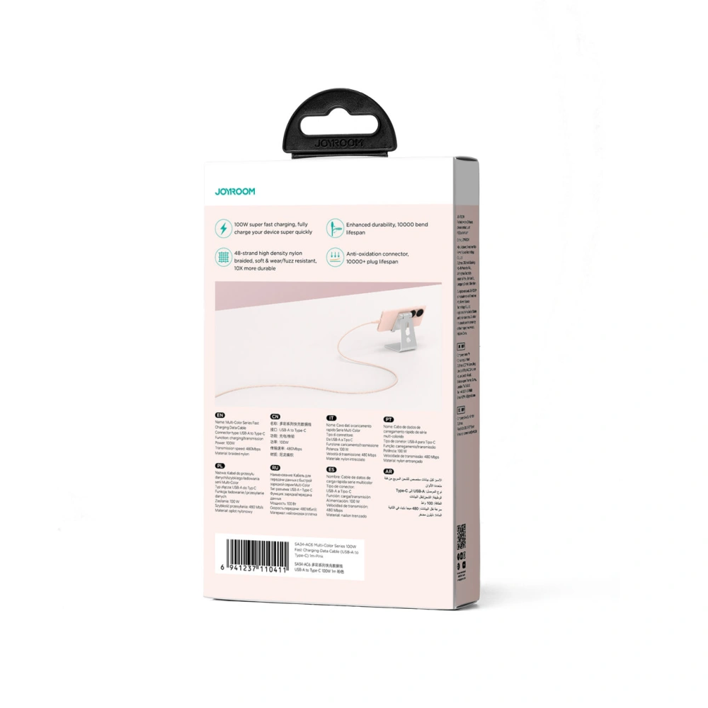 Wholesale Joyroom Multi-Color Series SA34-AC6 USB-A / USB-C 100W cable 1m pink - JYR797 - {ean13} - Hurt