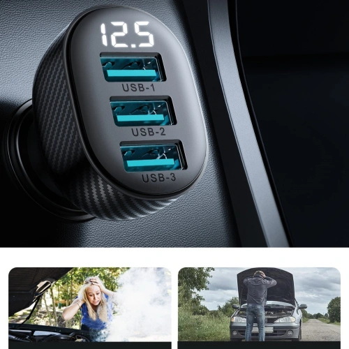 Ładowarka samochodowa z wyświetlaczem Joyroom JR-CCD03 3xUSB-A 3.4A czarna