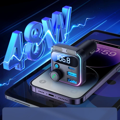 Transmiter FM Joyroom JR-CCB01 2xUSB-A USB-C 48W z podwójnym mikrofonem czarny