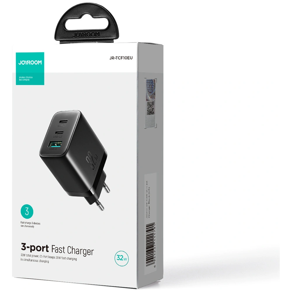 Hurtownia GSM - Hálózati töltő Joyroom JR-TCF10 2xUSB-C 1xUSB-A 32W fekete - JYR818 - {ean13} - Hurt