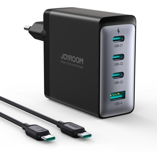 Joyroom Distributor - 6941237100368 - JYR822 - Joyroom network charger JR-TCG04EU 3xUSB-C 1xUSB-A + USB-C / USB-C 100W cable 1.2m black - B2B homescreen
