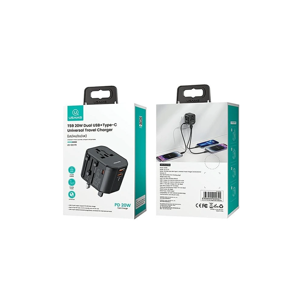 Hurtownia GSM - Hálózati töltő 4w1 USAMS T59 utazóadapter US/AU/EU/UK fekete/black - USA1008 - {ean13} - Hurt