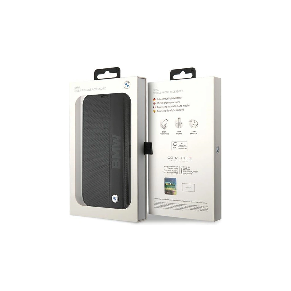 Etui BMW BMBKP15S22RDPK Apple iPhone 15 husa din piele texturată & dungi neagră/black