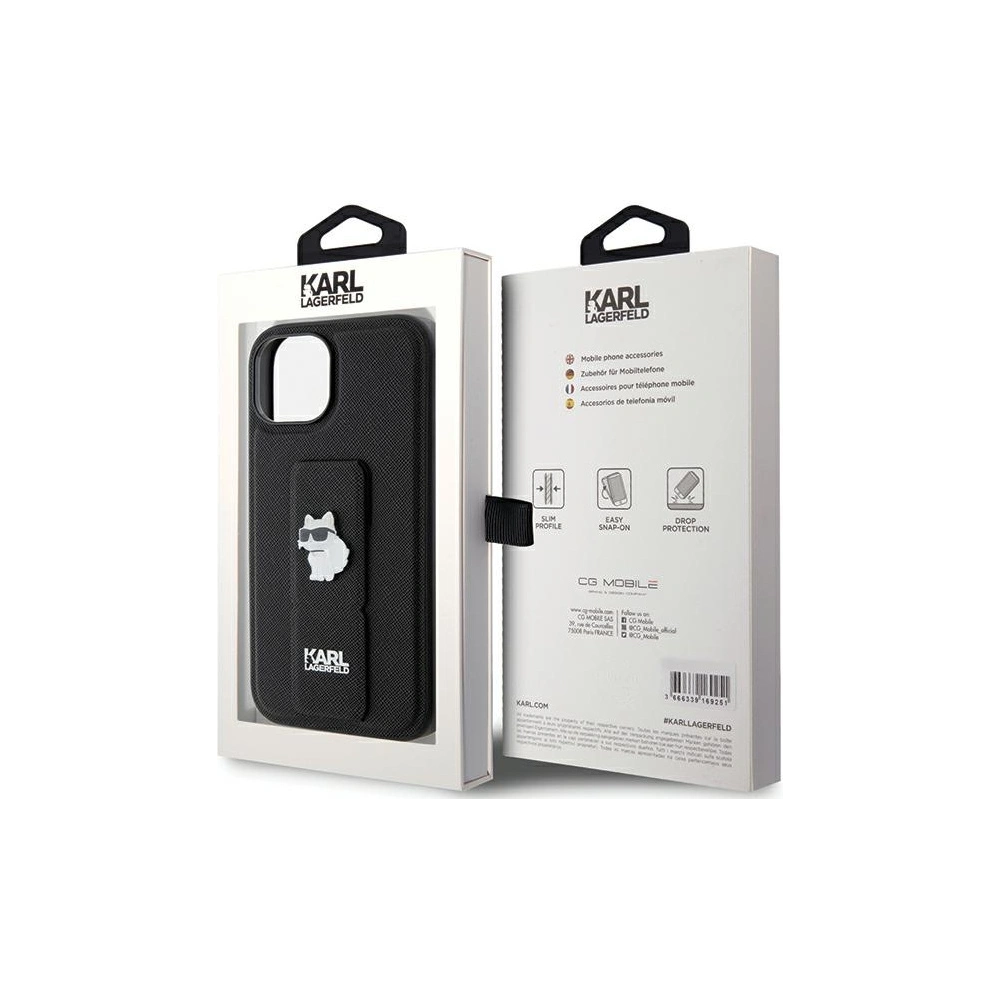 Etui Karl Lagerfeld KLHCP15SGSACHPK iPhone 15 negru/black hardcase Gripstand Saffiano Choupette Pins