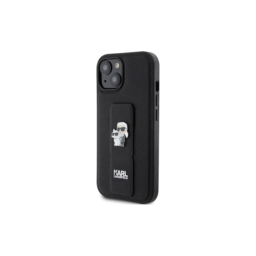 Case Karl Lagerfeld KLHCP15SGSAKCPK iPhone 15 schwarz/black hardcase Gripstand Saffiano Case Karl&Choupette Pins