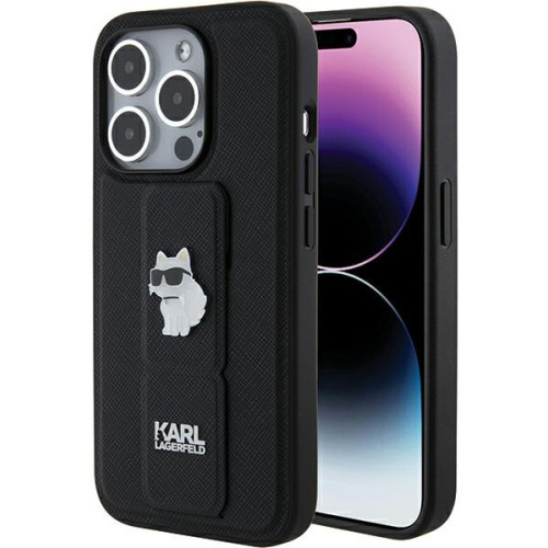 Karl Lagerfeld Distributor - 3666339207465 - KLD1813 - Karl Lagerfeld KLHCP15XGSACHPK Apple iPhone 15 Pro Max hardcase Gripstand Saffiano Choupette Pins black - B2B homescreen
