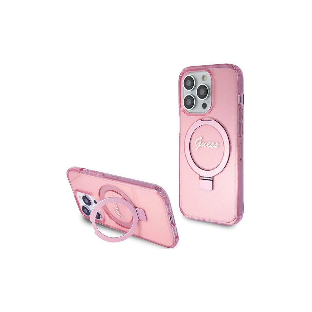 Wholesale Guess GUHMP15LHRSGSP Apple iPhone 15 Pro hardcase Ring Stand Script Glitter MagSafe pink - GUE3037 - {ean13} - Hurt