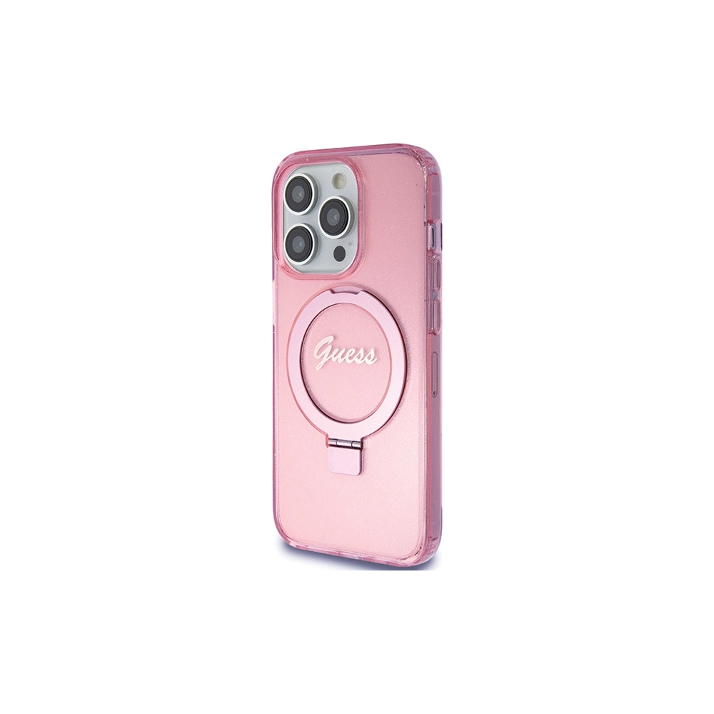 Wholesale Guess GUHMP15LHRSGSP Apple iPhone 15 Pro hardcase Ring Stand Script Glitter MagSafe pink - GUE3037 - {ean13} - Hurt