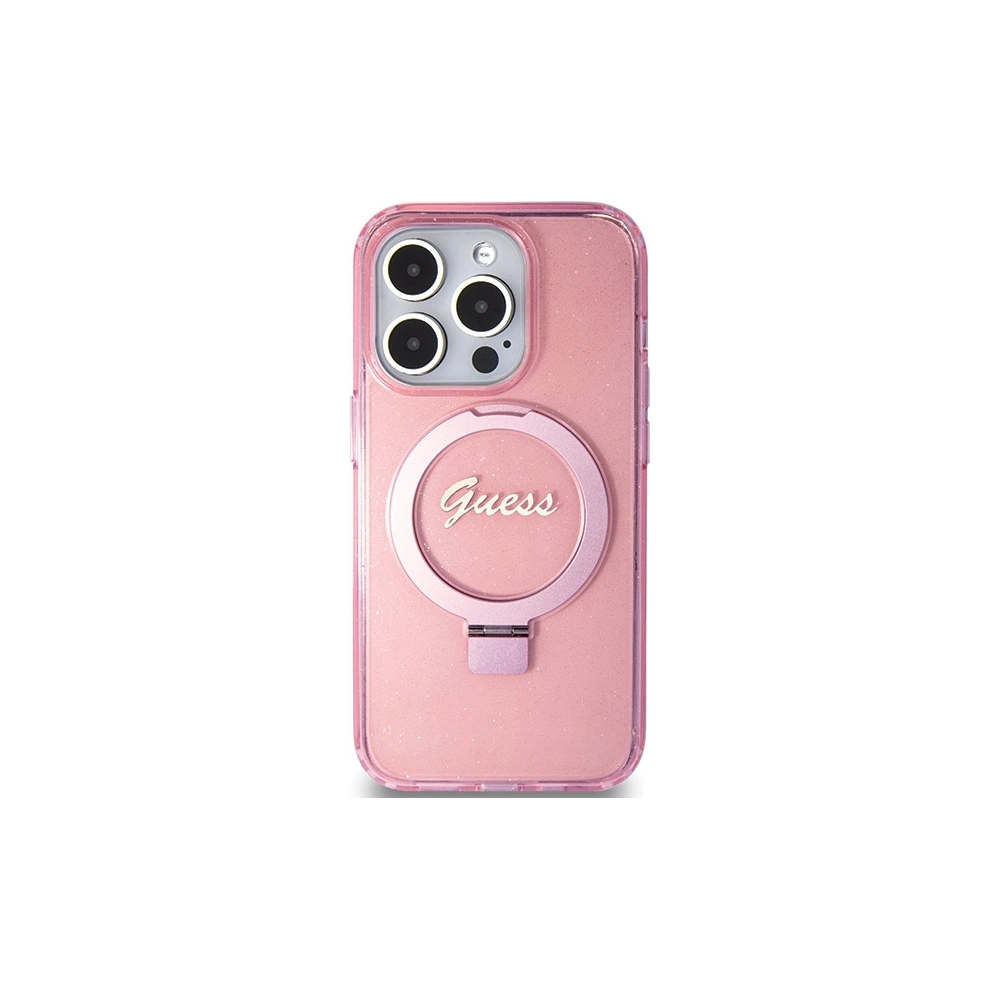 Wholesale Guess GUHMP15LHRSGSP Apple iPhone 15 Pro hardcase Ring Stand Script Glitter MagSafe pink - GUE3037 - {ean13} - Hurt