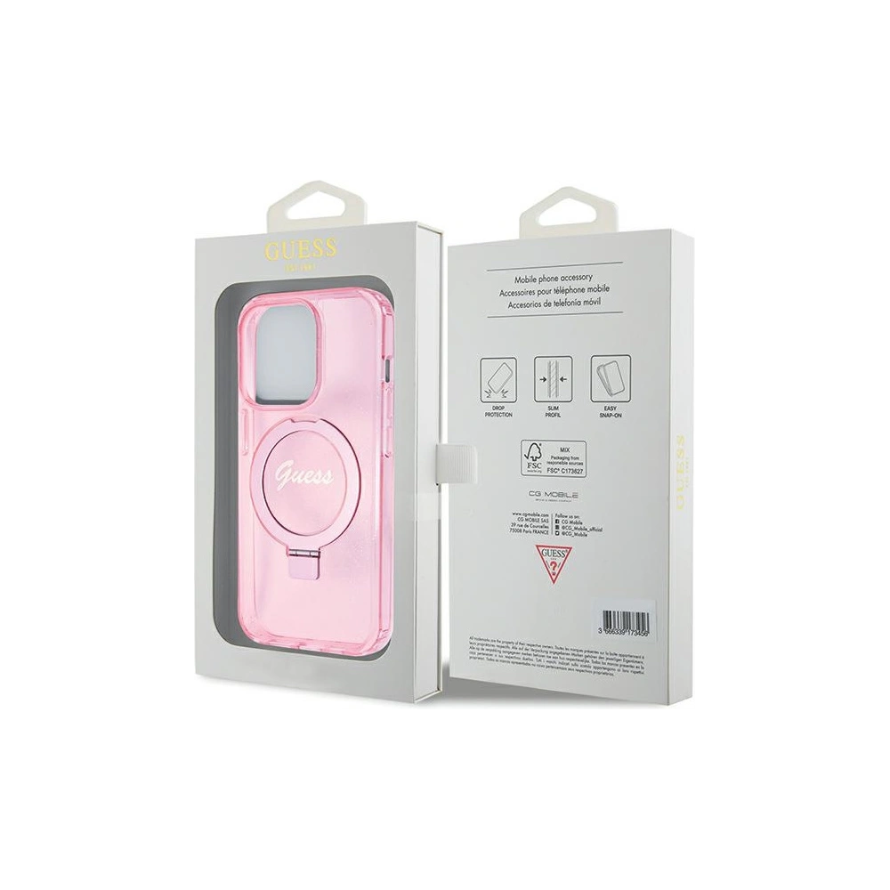 Wholesale Guess GUHMP15LHRSGSP Apple iPhone 15 Pro hardcase Ring Stand Script Glitter MagSafe pink - GUE3037 - {ean13} - Hurt