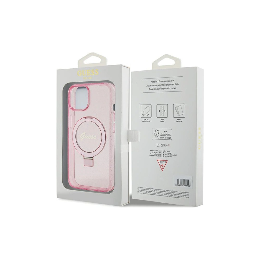 Hurtownia GSM - Etui Guess GUHMP15MHRSGSP Apple iPhone 15 Plus / 14 Plus hardcase Ring Stand Script Glitter MagSafe różowy/pink - GUE3040 - {ean13} - Hurt