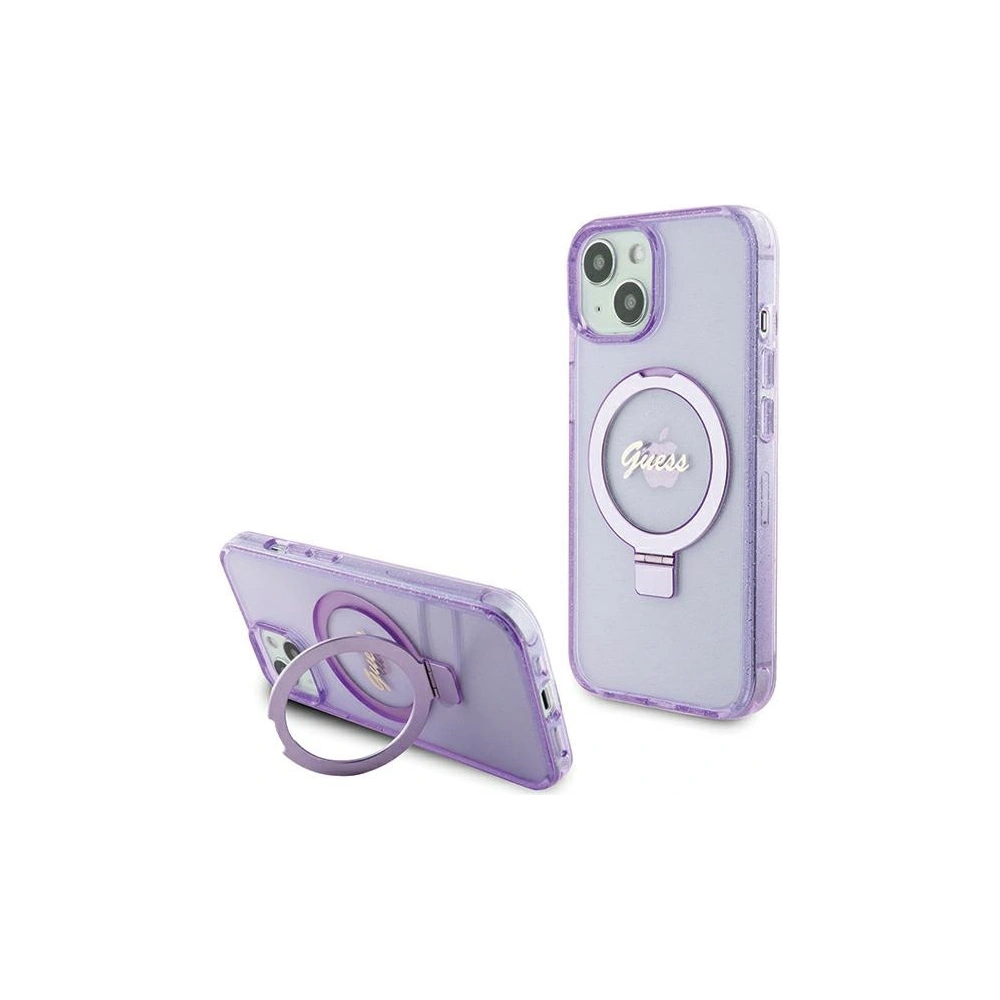 Hurtownia GSM - Etui Guess GUHMP15SHRSGSU Apple iPhone 15 hardcase Ring Stand Script Glitter MagSafe fialový/purple - GUE3044 - {ean13} - Hurt
