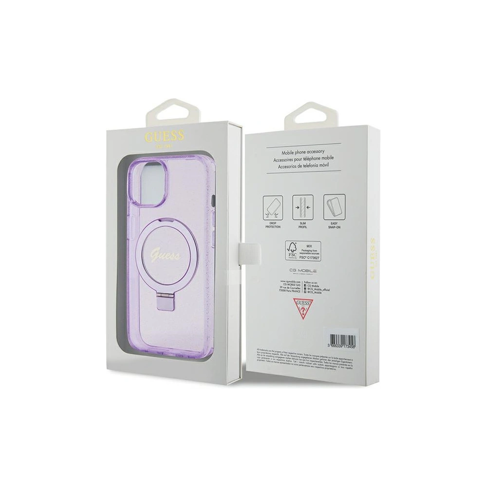Hurtownia GSM - Case Guess GUHMP15SHRSGSU Apple iPhone 15 Hardcase Ring Stand Script Glitter MagSafe lila/purple - GUE3044 - {ean13} - Hurt