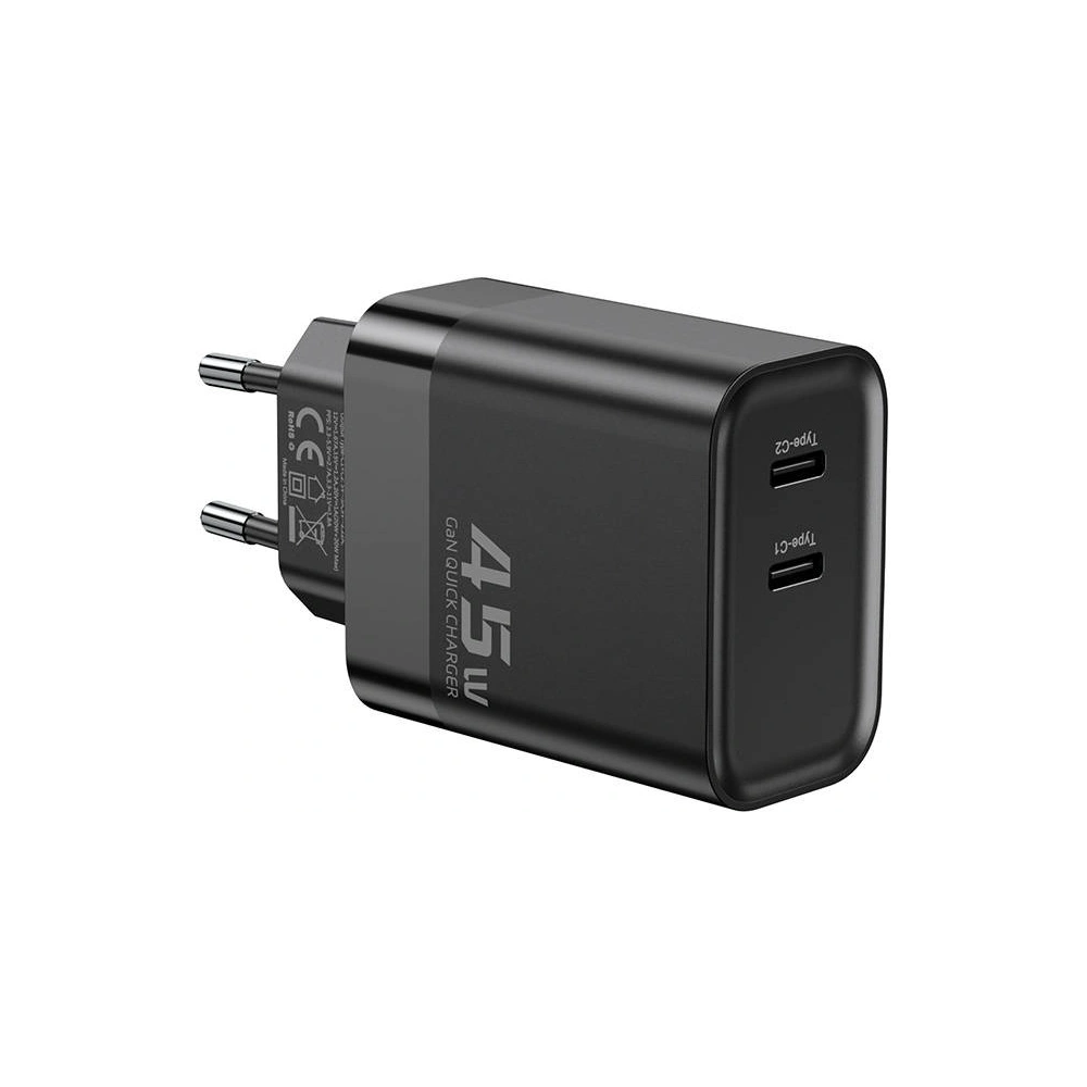 Hurtownia GSM - Hálózati töltő Toocki TCT2C-BEB01-L 2xUSB-C, GaN, 45W (fekete) - TCK93 - {ean13} - Hurt