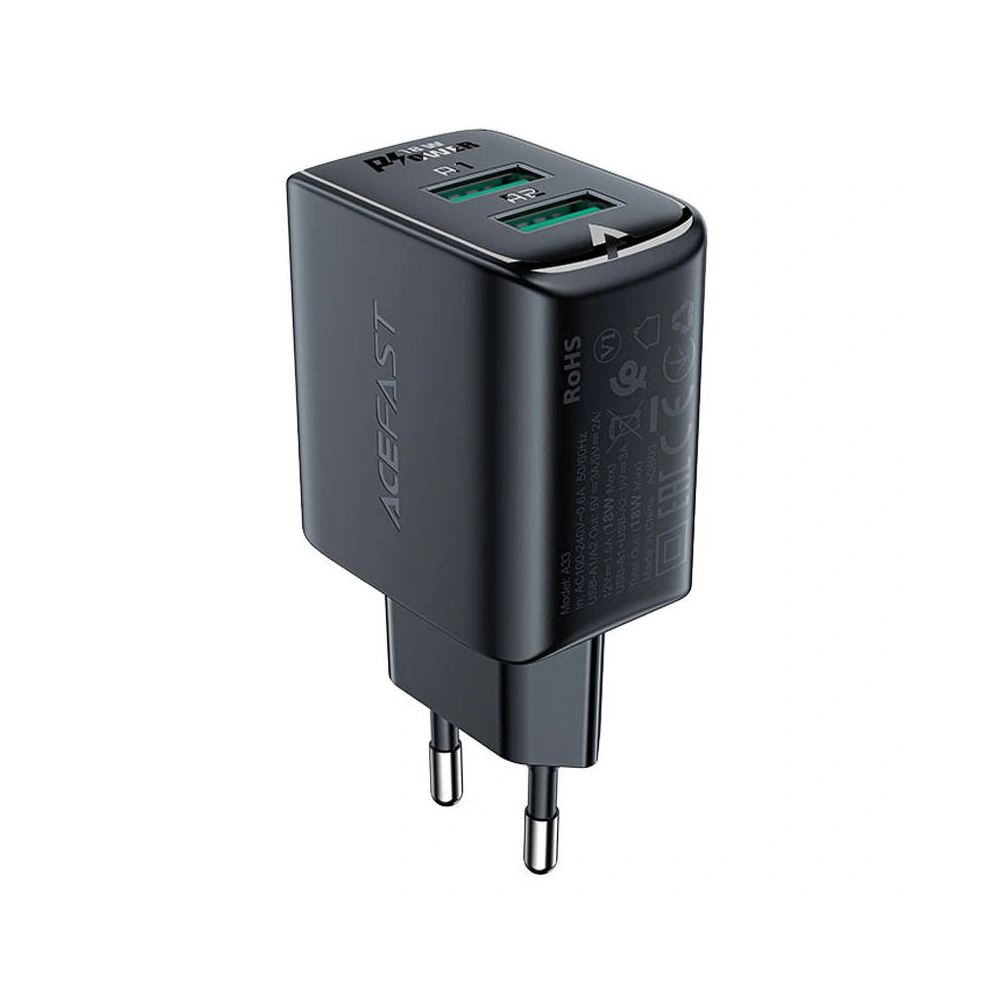 Hurtownia GSM - Acefast A33 hálózati töltő 2xUSB-A, QC3.0, 18W (fekete) - ACE3 - {ean13} - Hurt