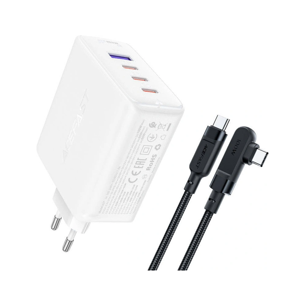 Wholesale Acefast A37 network charger USB-A, 3xUSB-C, PD, GaN, 100W (white) + angle cable USB-C / USB-C 2m - ACE5 - {ean13} - Hurt