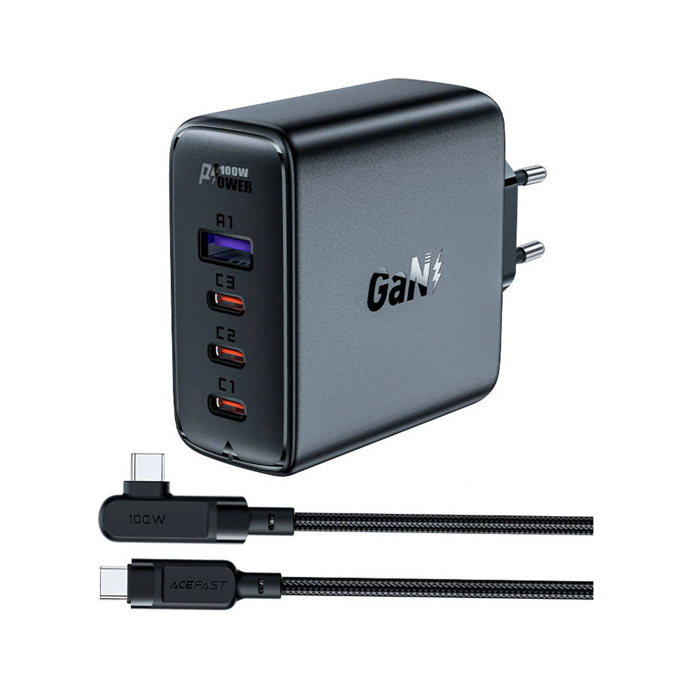 Wholesale Acefast A37 network charger USB-A, 3xUSB-C, PD, GaN, 100W (black) + angle cable USB-C / USB-C 2m - ACE6 - {ean13} - Hurt
