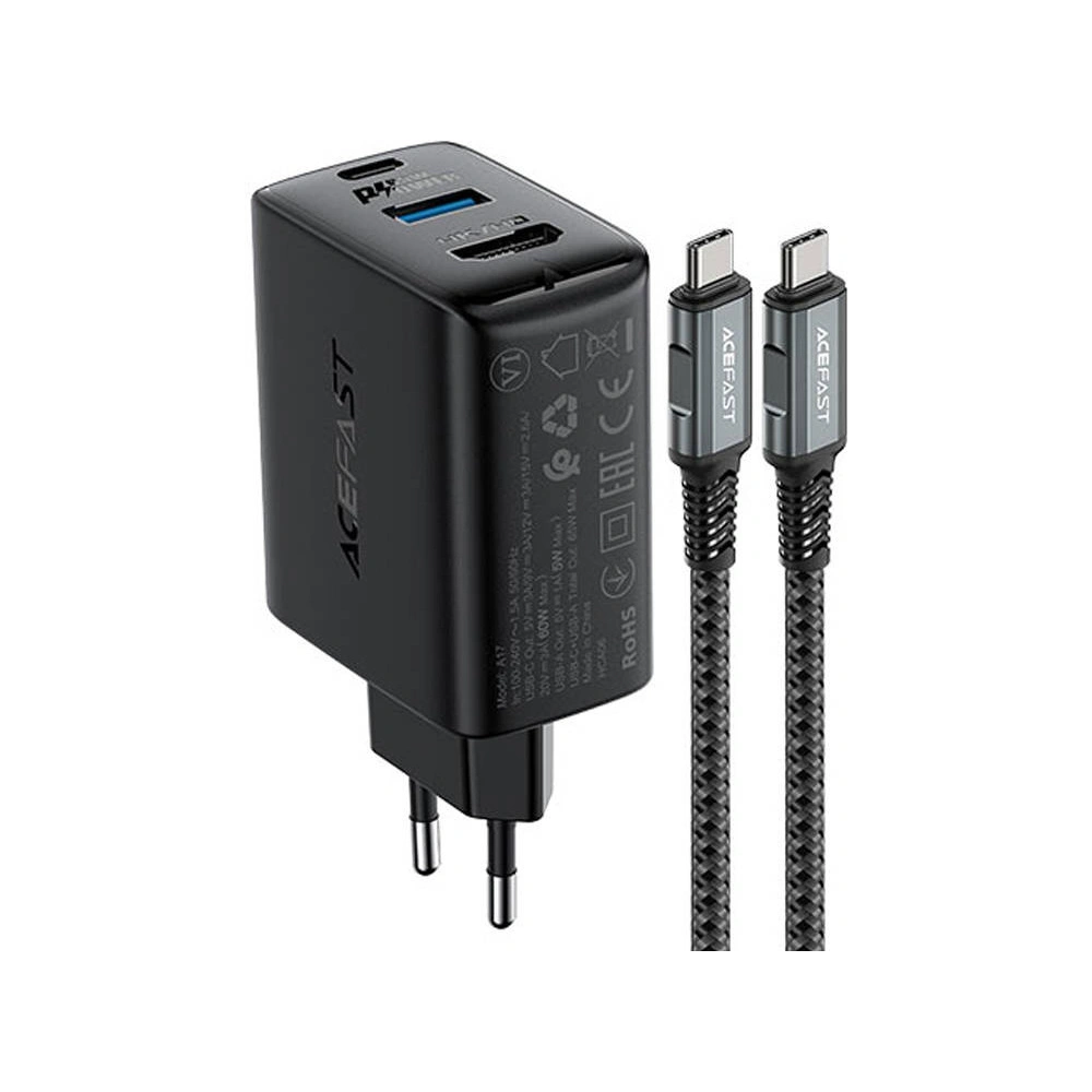 Wholesale Acefast A17 network charger USB-A, USB-C, HDMI, GaN 65W + cable USB-C / USB-C 1.8m (black) - ACE10 - {ean13} - Hurt