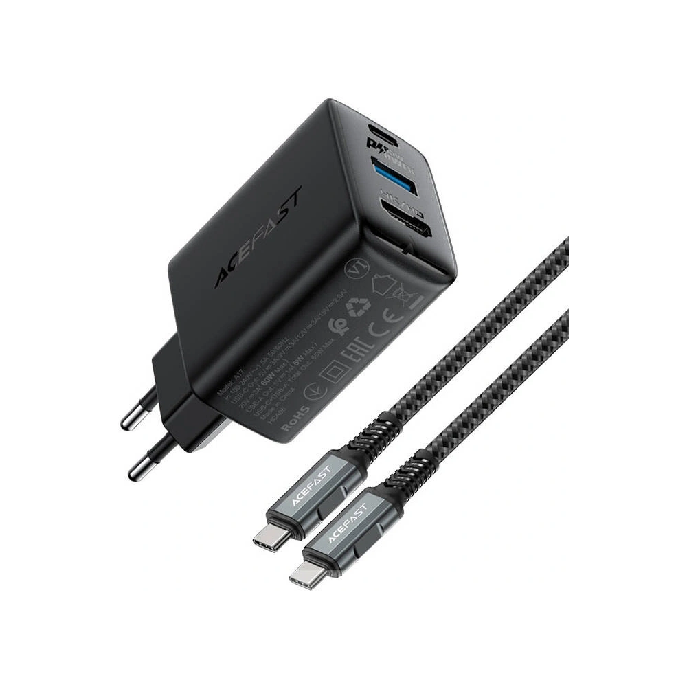 Wholesale Acefast A17 network charger USB-A, USB-C, HDMI, GaN 65W + cable USB-C / USB-C 1.8m (black) - ACE10 - {ean13} - Hurt
