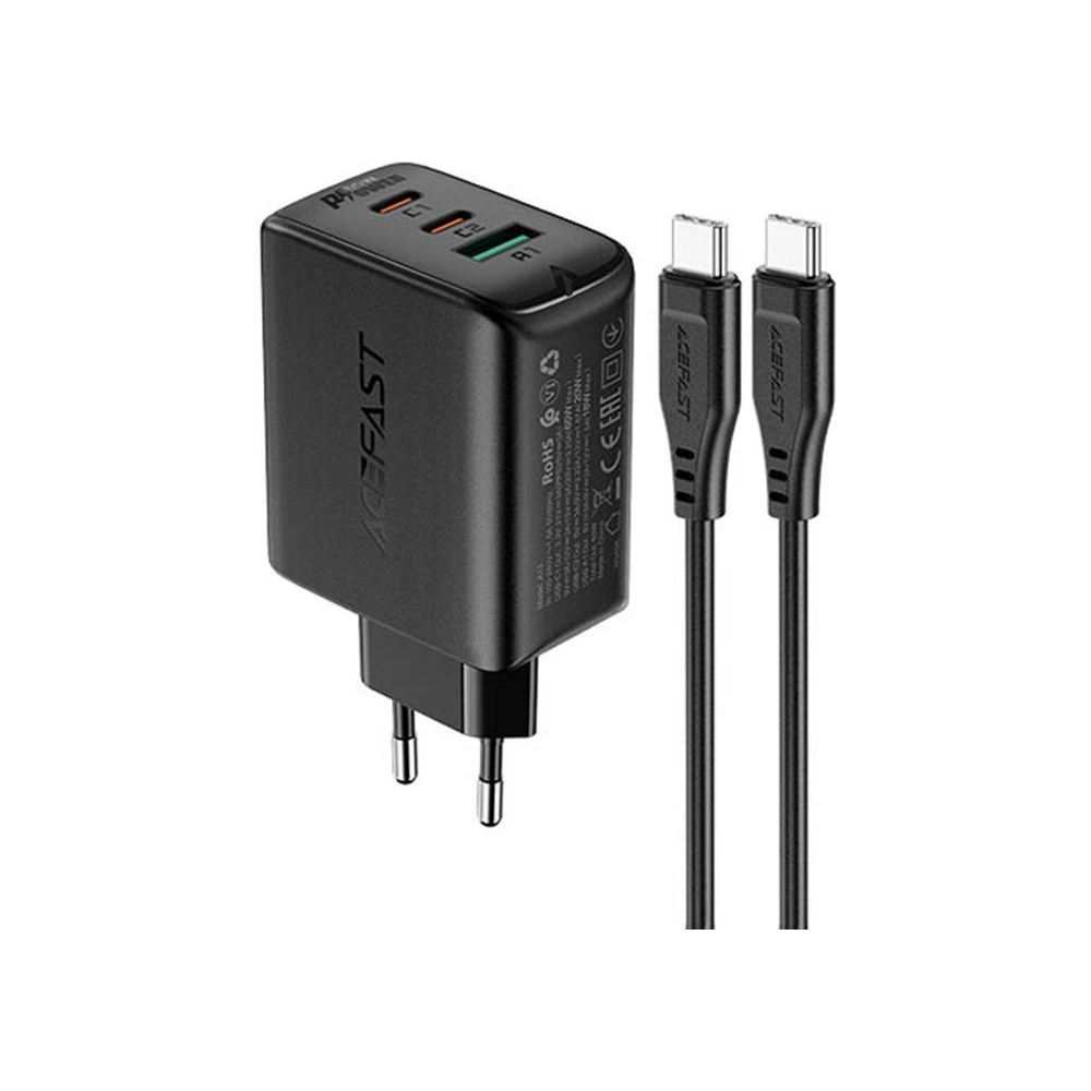 Wholesale Acefast A13 network charger USB-A, 2xUSB-C, PD 65W + cable USB-C / USB-C (black) - ACE11 - {ean13} - Hurt