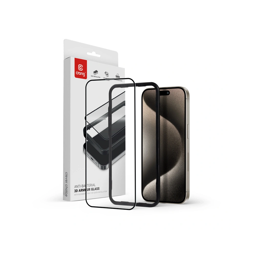 Hurtownia GSM - Gehärtetes Glas Crong Anti-Bakteriell 3D Rüstungs Glas Apple iPhone 15 Pro Max + Installationsrahmen - CRG667 - {ean13} - Hurt