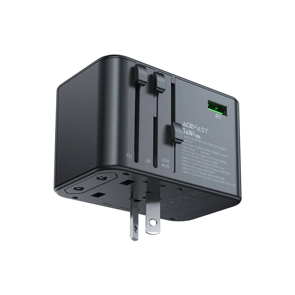Hurtownia GSM - Acefast Z1 US/EU/UK/AU utazási hálózati töltő, 2xUSB-A, 3xUSB-C, GaN, 67W, (fekete) - ACE82 - {ean13} - Hurt
