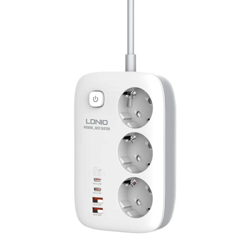 Listwa zasilająca LDNIO SE3436 3x wtyczki EU, 2xUSB-A, 2xUSB-C, GaN, 65W biała