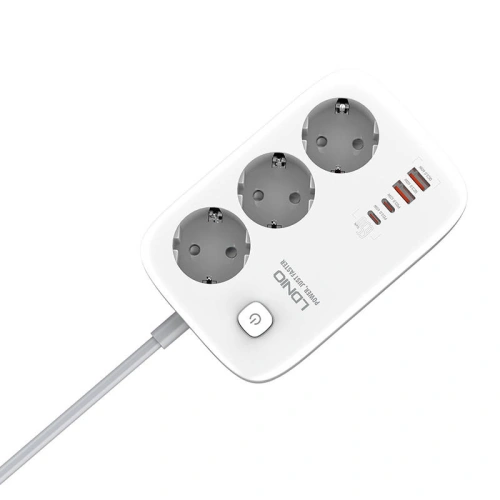 Listwa zasilająca LDNIO SE3436 3x wtyczki EU, 2xUSB-A, 2xUSB-C, GaN, 65W biała