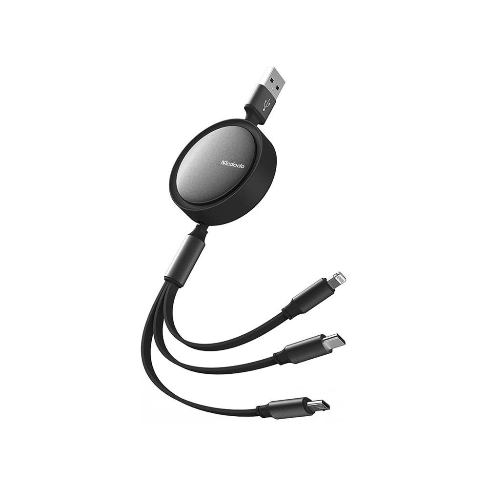 Hurtownia GSM - Kabel svinovací USB Mcdodo CA-7250 3w1 USB-A / Lightning, USB-C, microUSB 1,2m černý - MDD150 - {ean13} - Hurt