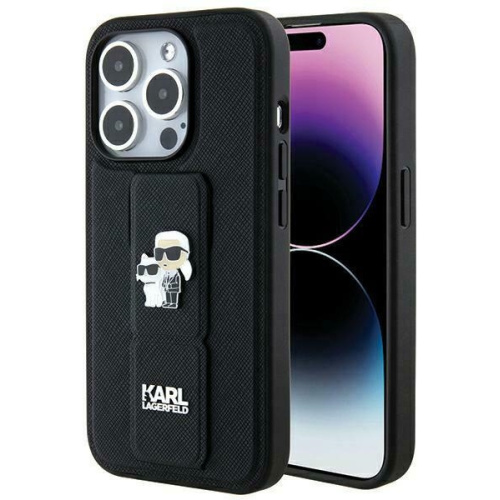 Karl Lagerfeld Distributor - 3666339206857 - KLD1838 - Karl Lagerfeld KLHCP14LGSAKCPK Apple iPhone 14 Pro hardcase Gripstand Saffiano Karl&Choupette Pins black - B2B homescreen