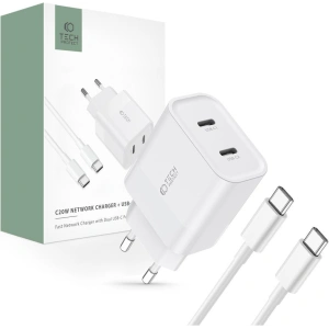 Hurtownia GSM - Síťová nabíječka Tech-Protect C20W Network Charger 2xUSB-C, PD, 20W + kabel USB-C / USB-C 100cm Bílá - THP2455 - {ean13} - Hurt