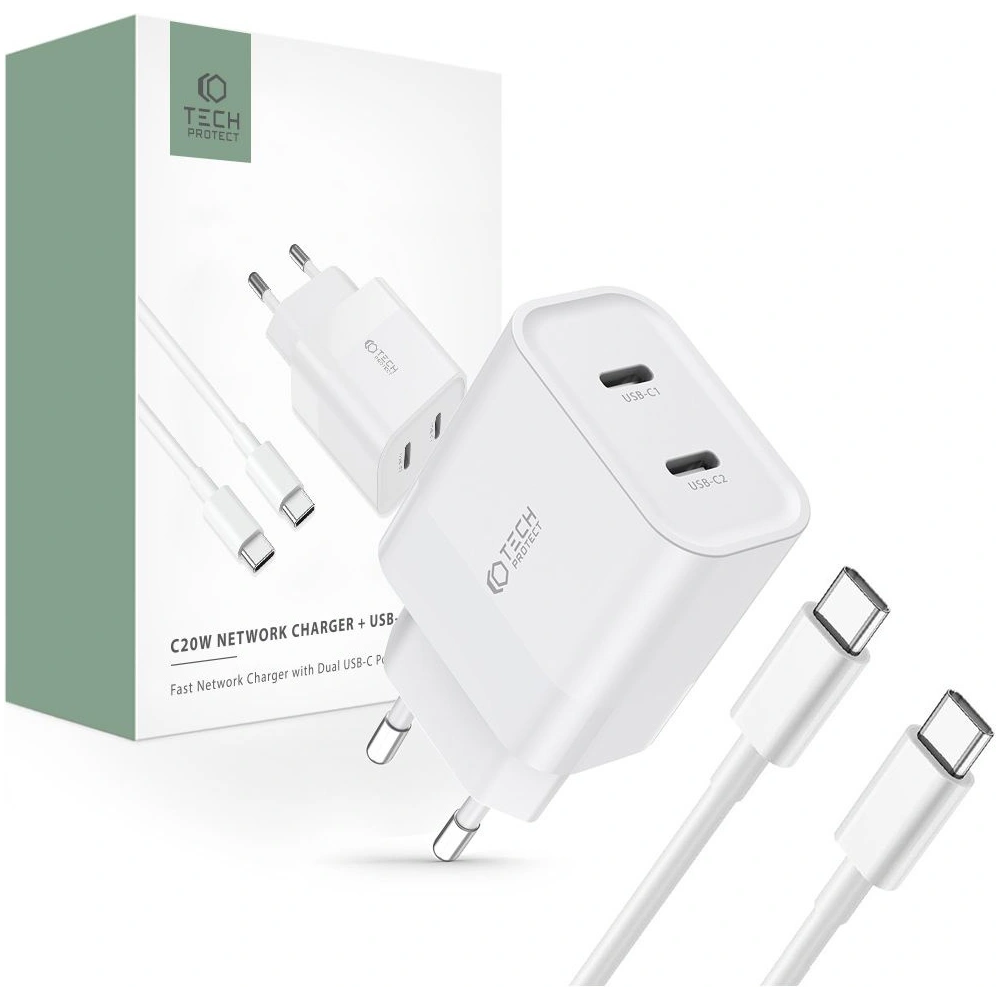 Hurtownia GSM - Netzteil Tech-Protect C20W Netzladegerät 2xUSB-C, PD, 20W + USB-C / USB-C Kabel 100cm Weiß - THP2455 - {ean13} - Hurt
