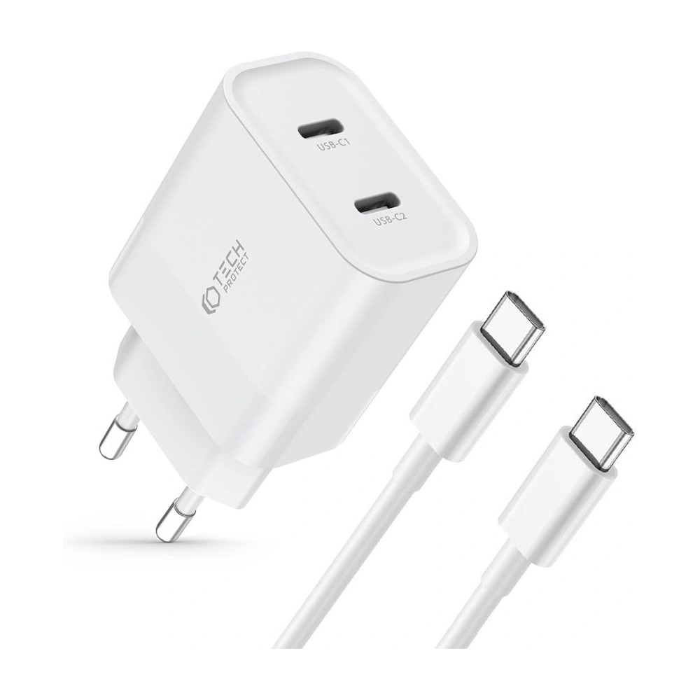 Hurtownia GSM - Netzteil Tech-Protect C20W Netzladegerät 2xUSB-C, PD, 20W + USB-C / USB-C Kabel 100cm Weiß - THP2455 - {ean13} - Hurt