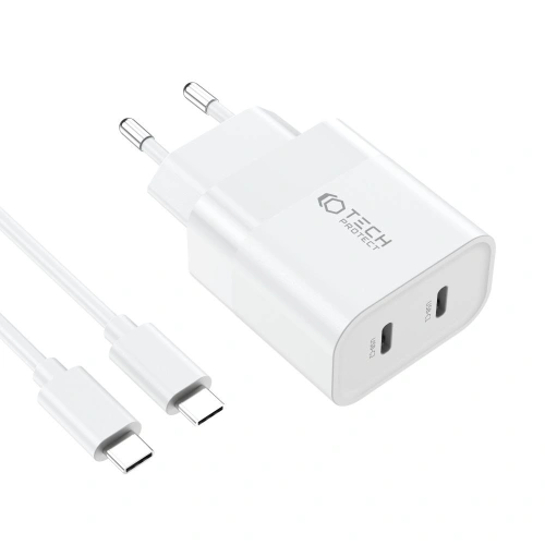 Ładowarka sieciowa Tech-Protect C20W Network Charger 2xUSB-C, PD, 20W + kabel USB-C / USB-C 100cm White