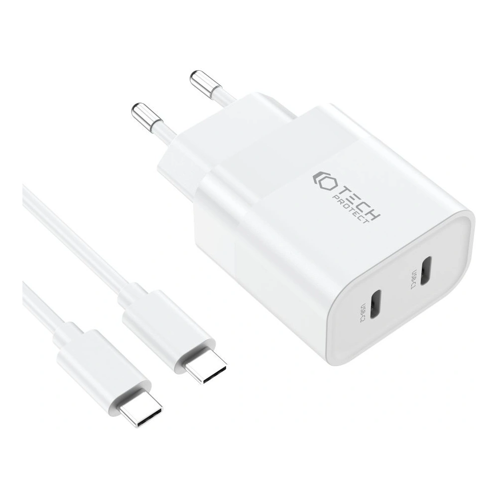 Hurtownia GSM - Hálózati töltő Tech-Protect C20W hálózati töltő 2xUSB-C, PD, 20W + USB-C / USB-C 100cm fehér kábel - THP2455 - {ean13} - Hurt