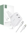 Hálózati töltő Tech-Protect C20W Hálózati Töltő 2xUSB-C, PD, 20W + USB-C / Lightning 100cm Fehér kábel