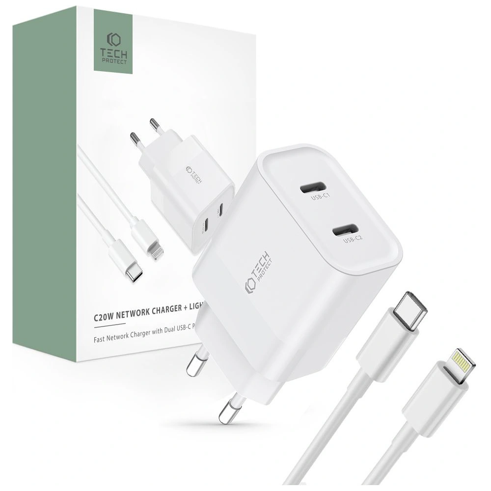 Hurtownia GSM - Netzteil Tech-Protect C20W Netzladegerät 2xUSB-C, PD, 20W + USB-C / Lightning Kabel 100cm Weiß - THP2456 - {ean13} - Hurt