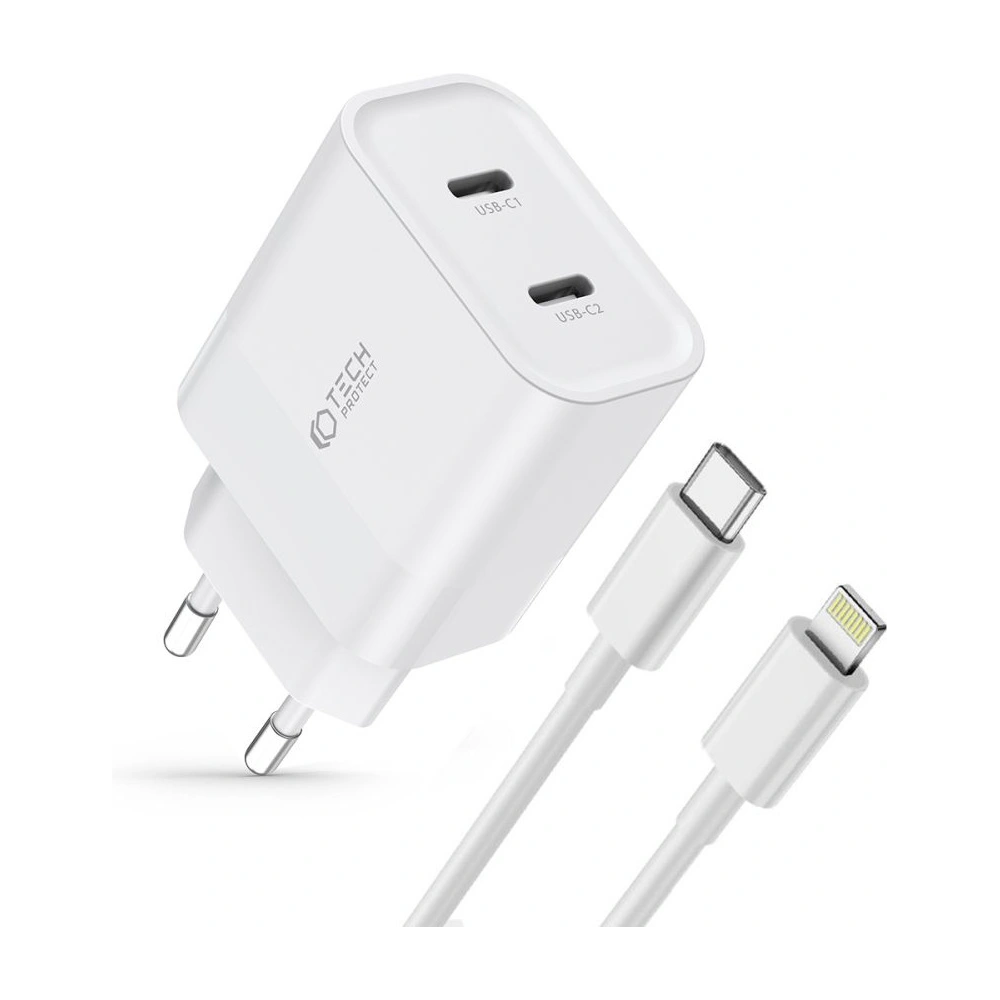 Hurtownia GSM - Netzteil Tech-Protect C20W Netzladegerät 2xUSB-C, PD, 20W + USB-C / Lightning Kabel 100cm Weiß - THP2456 - {ean13} - Hurt