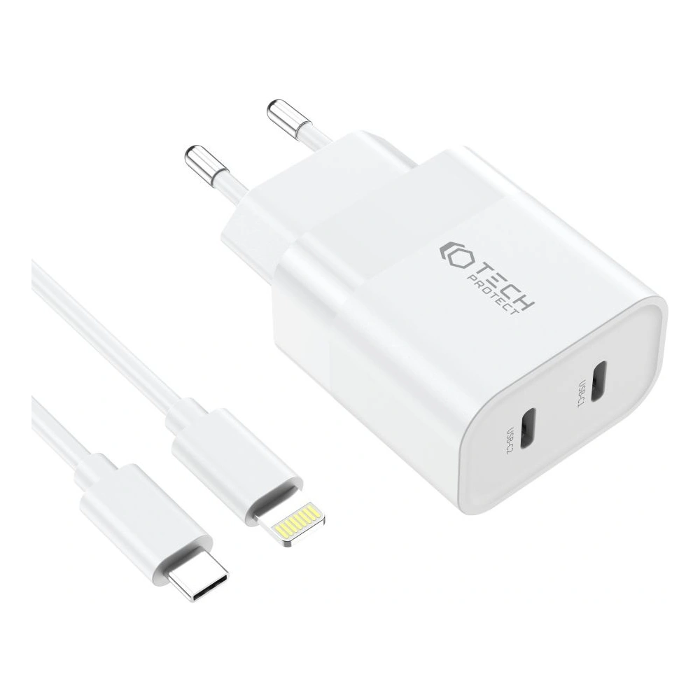 Hurtownia GSM - Netzteil Tech-Protect C20W Netzladegerät 2xUSB-C, PD, 20W + USB-C / Lightning Kabel 100cm Weiß - THP2456 - {ean13} - Hurt