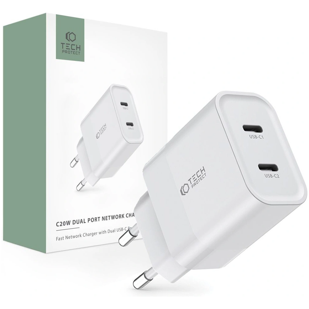 Hurtownia GSM - Netzteil Tech-Protect C20W Netzwerk-Ladegerät 2xUSB-C, PD, 20W Weiß - THP2459 - {ean13} - Hurt